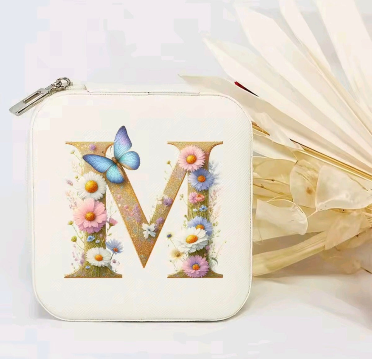 White PU Leather Portable Jewelry Box with Floral Design & Letter