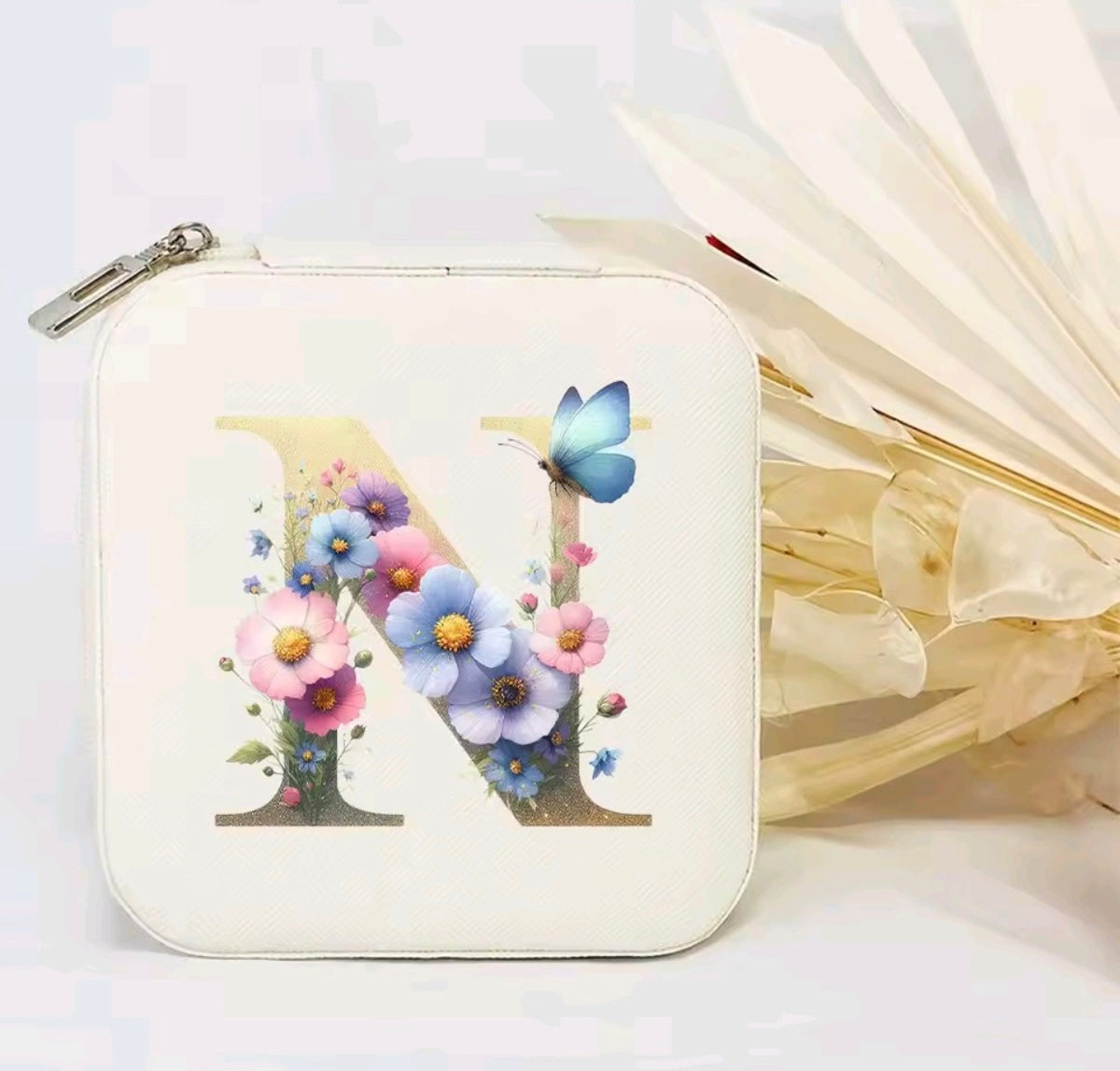 White PU Leather Portable Jewelry Box with Floral Design & Letter