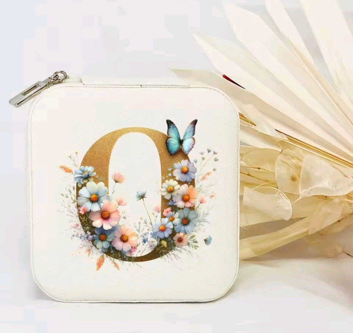 White PU Leather Portable Jewelry Box with Floral Design & Letter