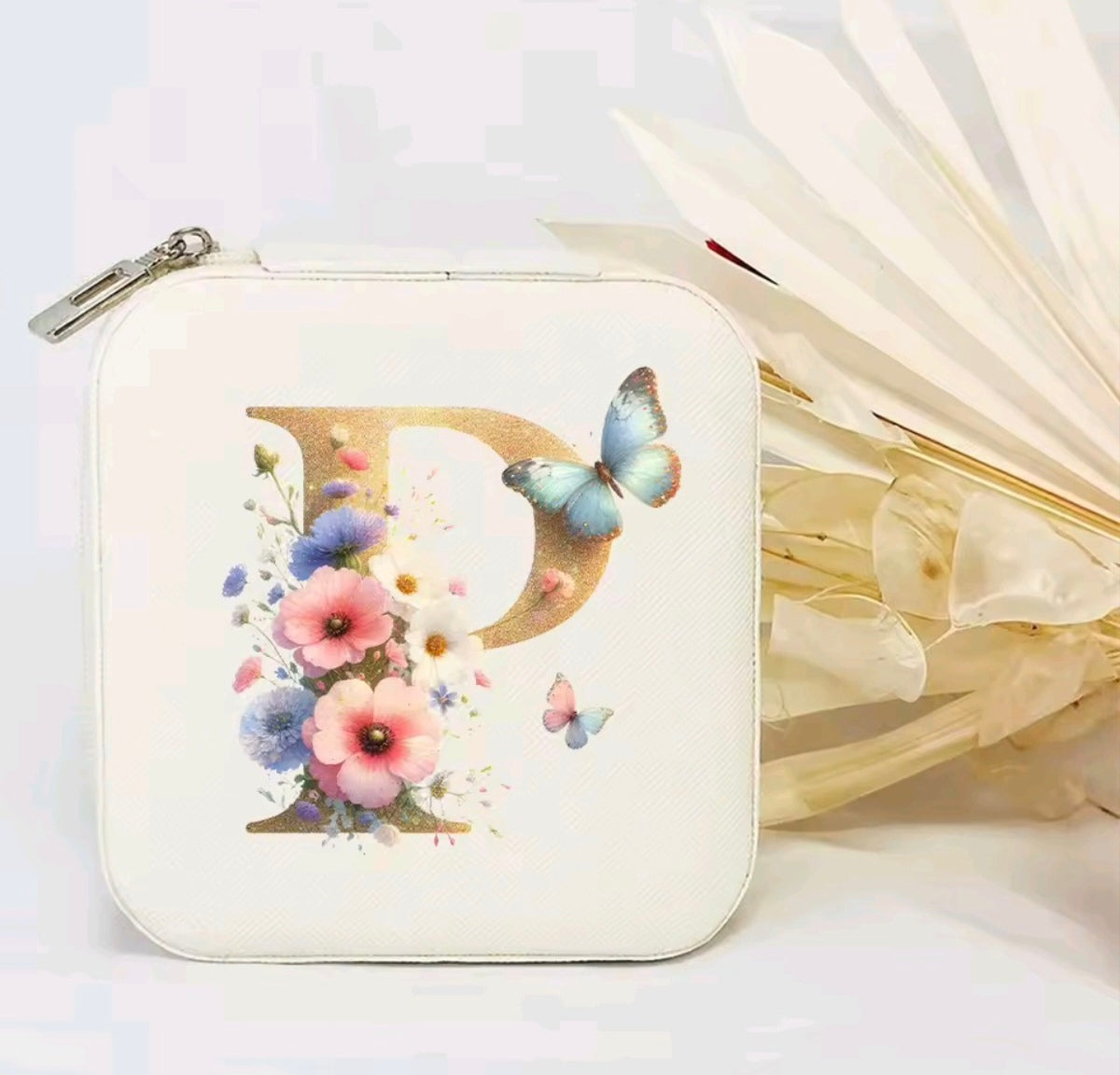 White PU Leather Portable Jewelry Box with Floral Design & Letter