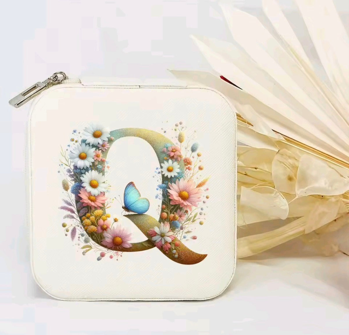 White PU Leather Portable Jewelry Box with Floral Design & Letter