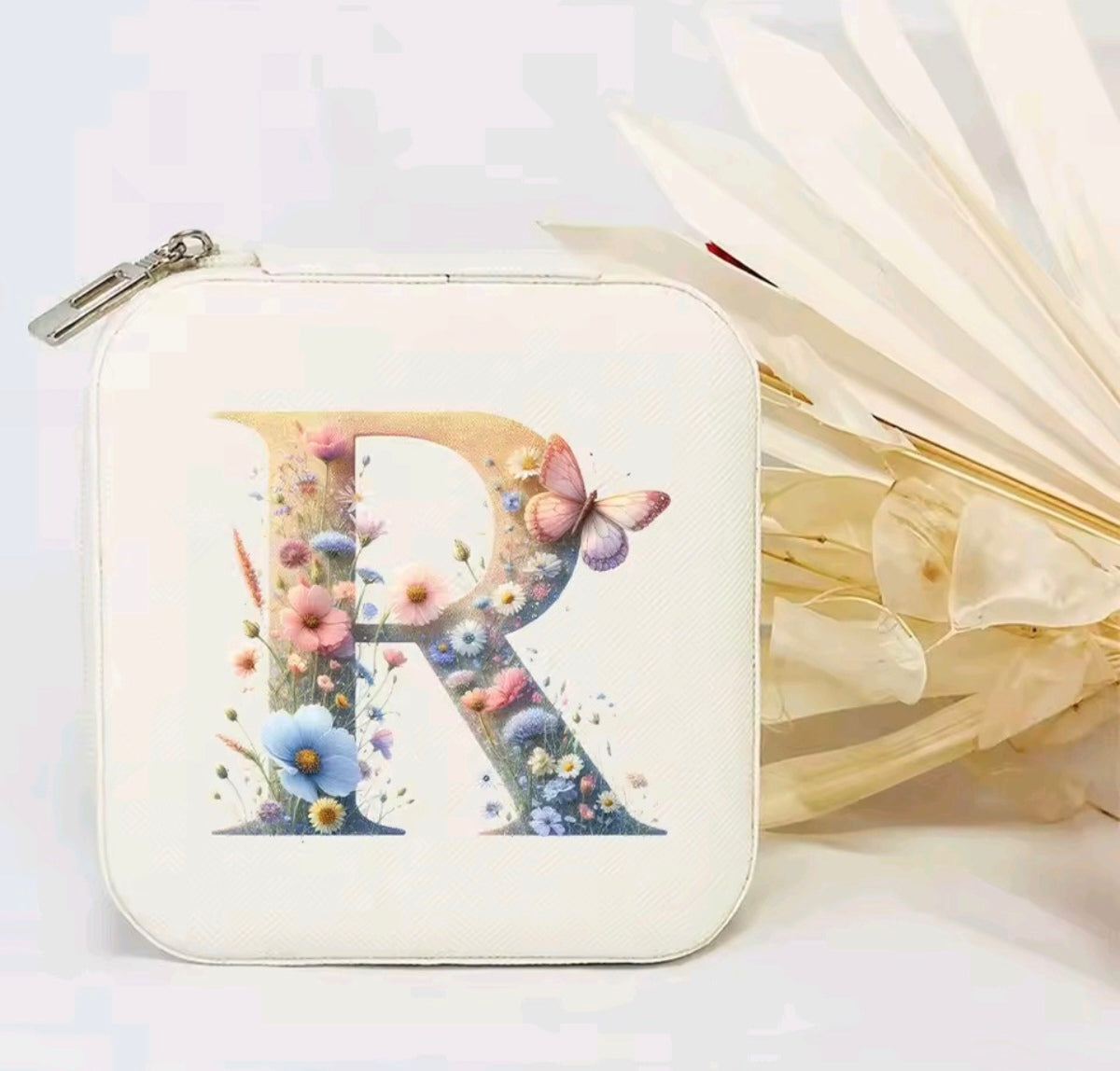 White PU Leather Portable Jewelry Box with Floral Design & Letter