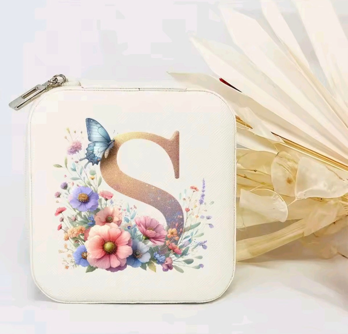 White PU Leather Portable Jewelry Box with Floral Design & Letter