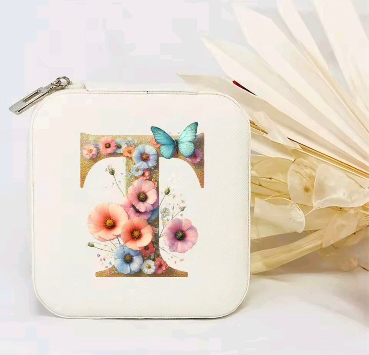 White PU Leather Portable Jewelry Box with Floral Design & Letter