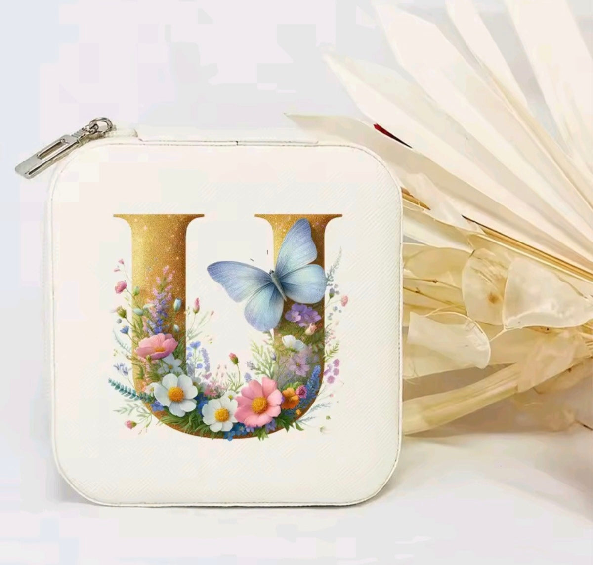 White PU Leather Portable Jewelry Box with Floral Design & Letter