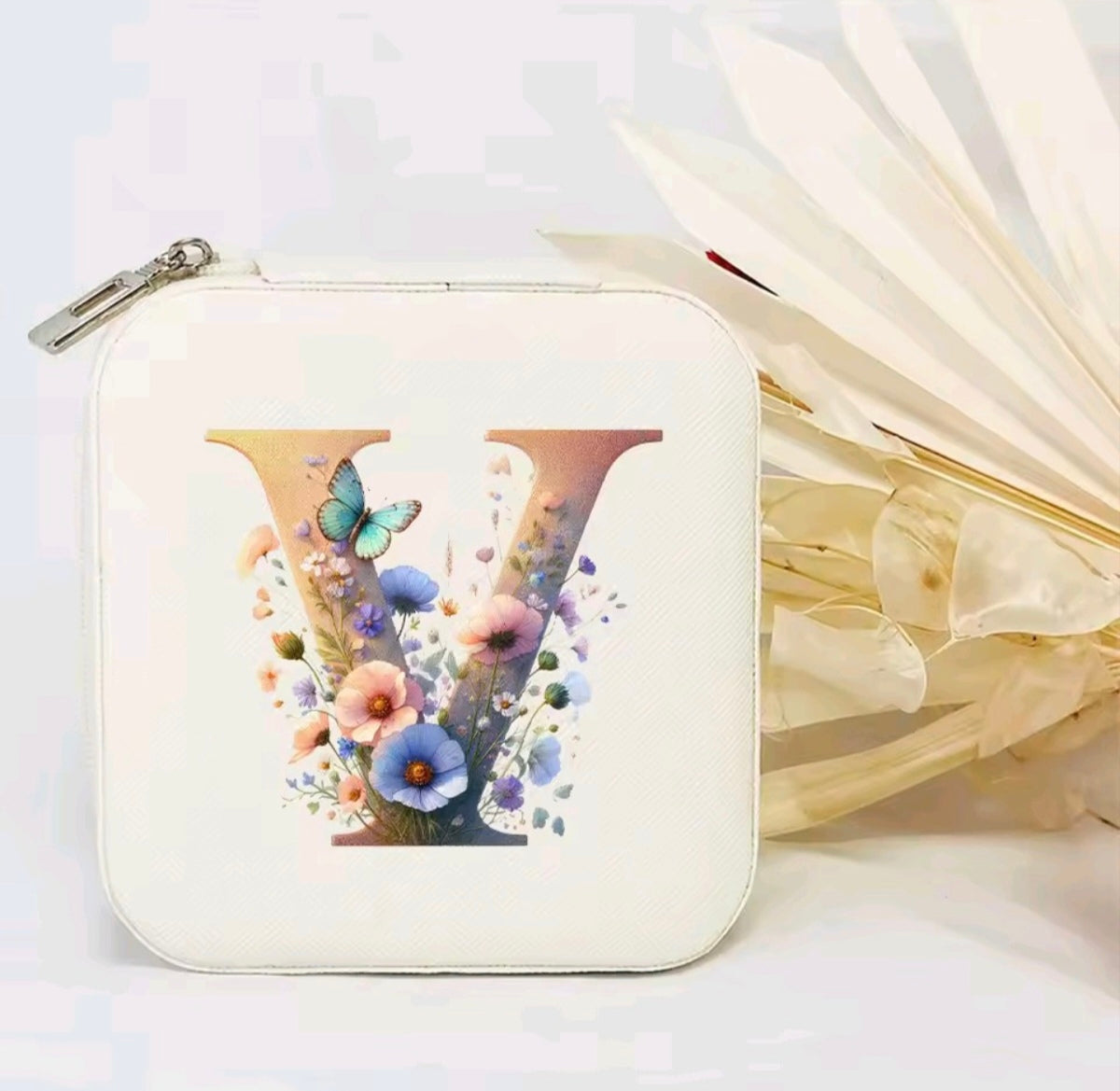White PU Leather Portable Jewelry Box with Floral Design & Letter