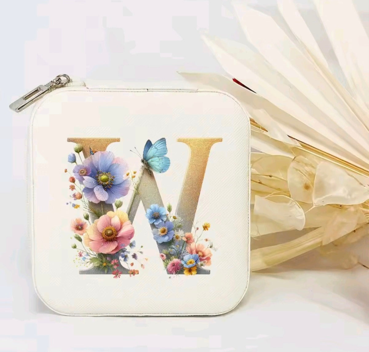 White PU Leather Portable Jewelry Box with Floral Design & Letter
