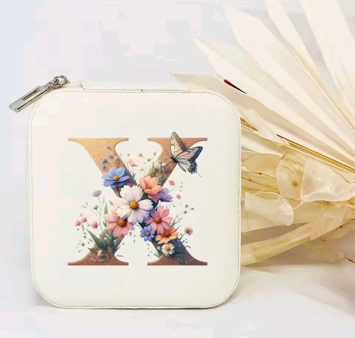 White PU Leather Portable Jewelry Box with Floral Design & Letter