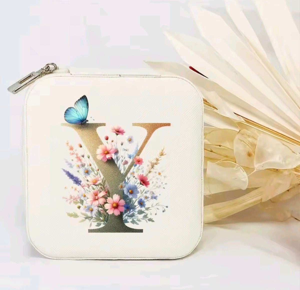White PU Leather Portable Jewelry Box with Floral Design & Letter