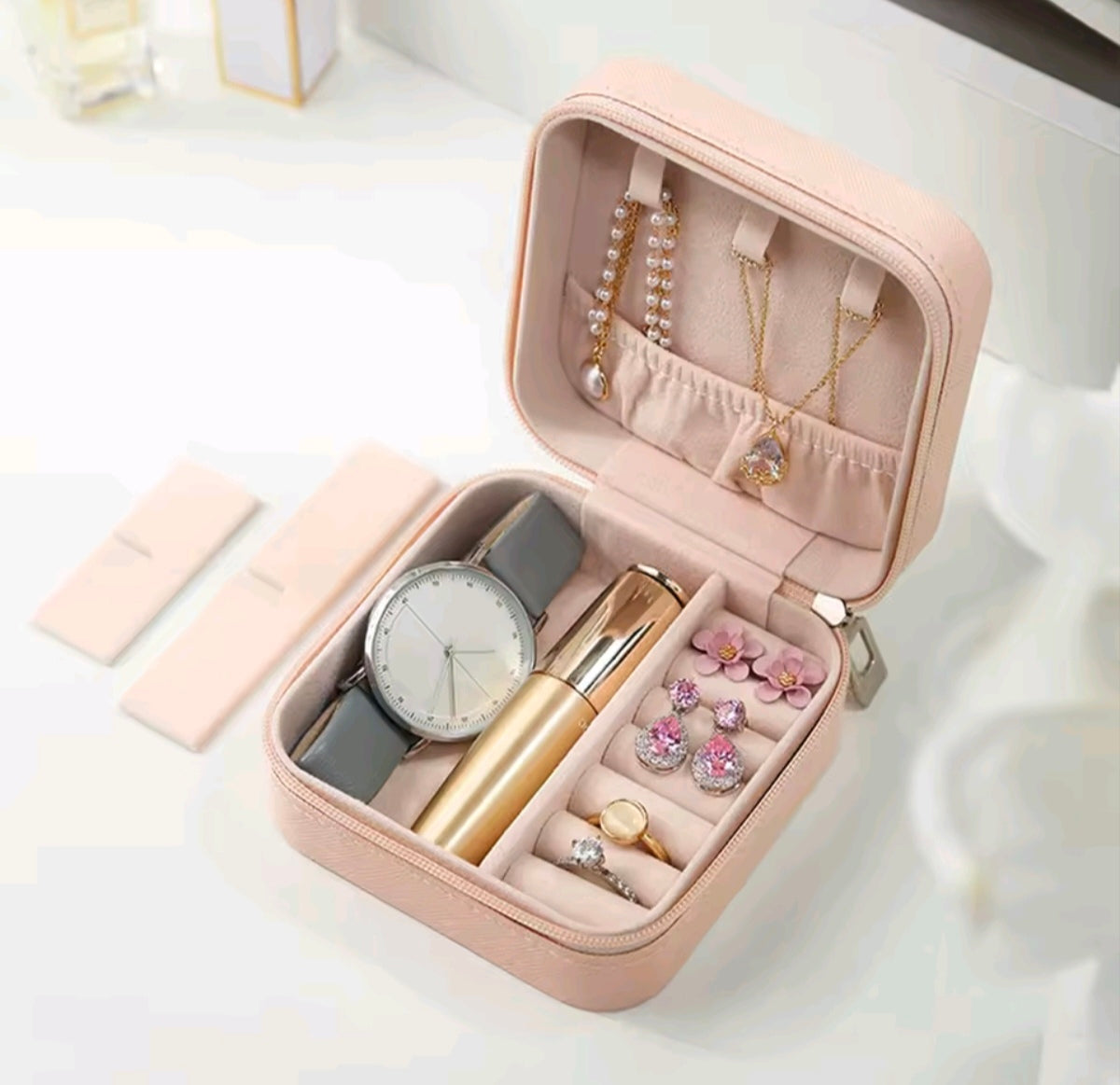 White PU Leather Portable Jewelry Box with Floral Design & Letter