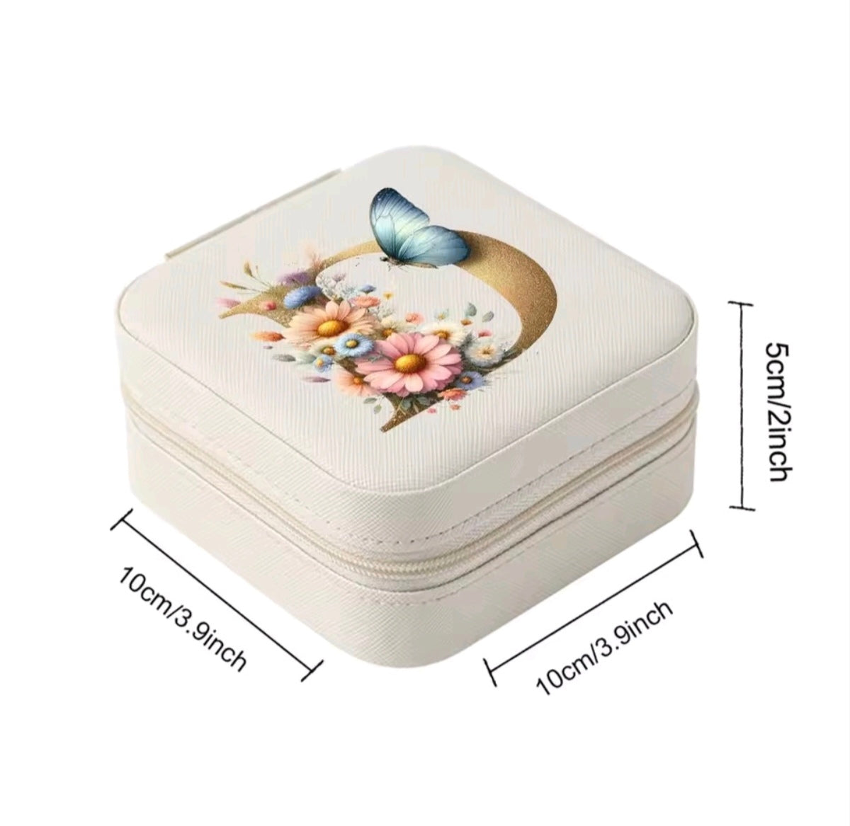 White PU Leather Portable Jewelry Box with Floral Design & Letter