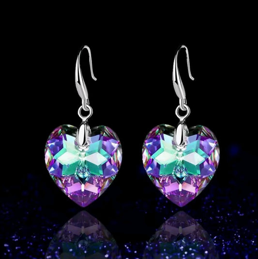 Stainless Steel Silver Blue Purple Crystal Heart Drop Earrings
