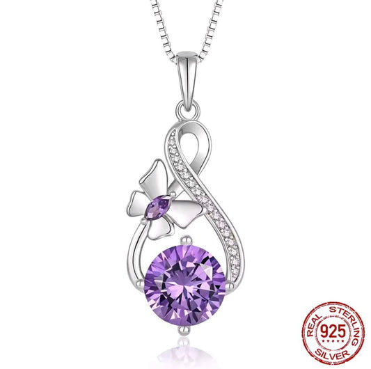 925 Sterling Silver purple or blue Infinity butterfly necklace