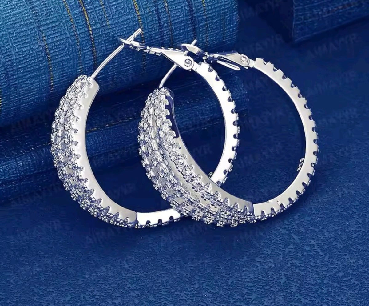 925 Sterling Silver Multi-Row Pavé Cubic Zirconia Hoop Earrings