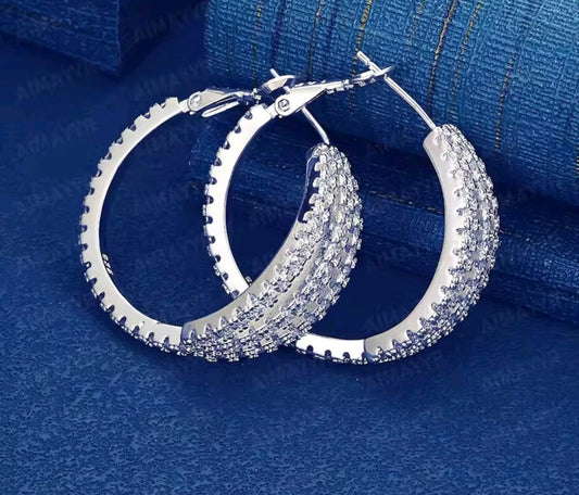 925 Sterling Silver Multi-Row Pavé Cubic Zirconia Hoop Earrings
