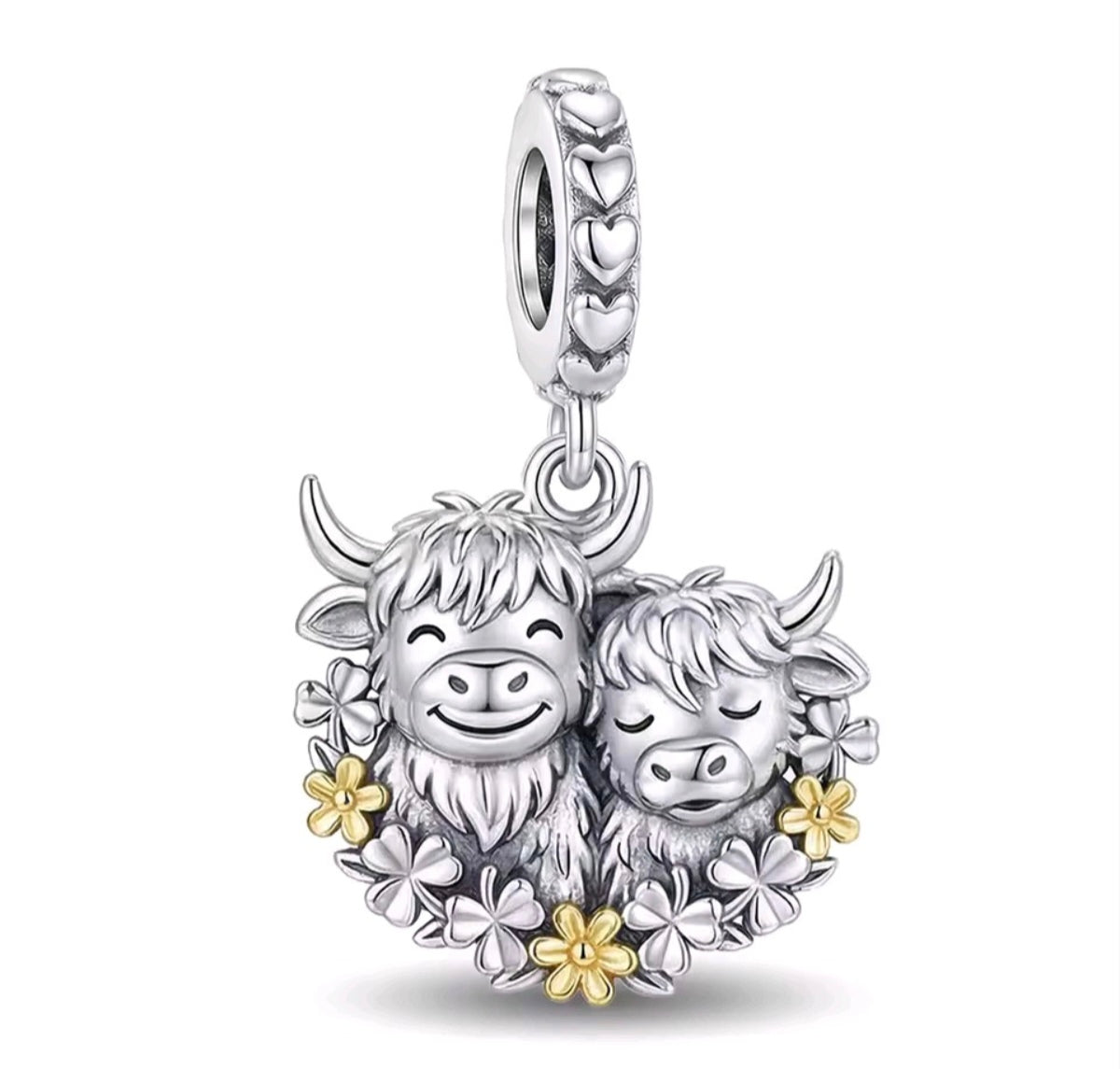 925 Sterling Silver highland cow Mother & Baby Calf Floral charm