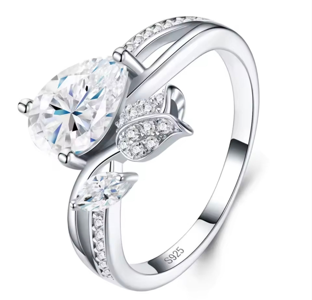 925 Sterling Silver Moissanite Water Drop & Floral Ring