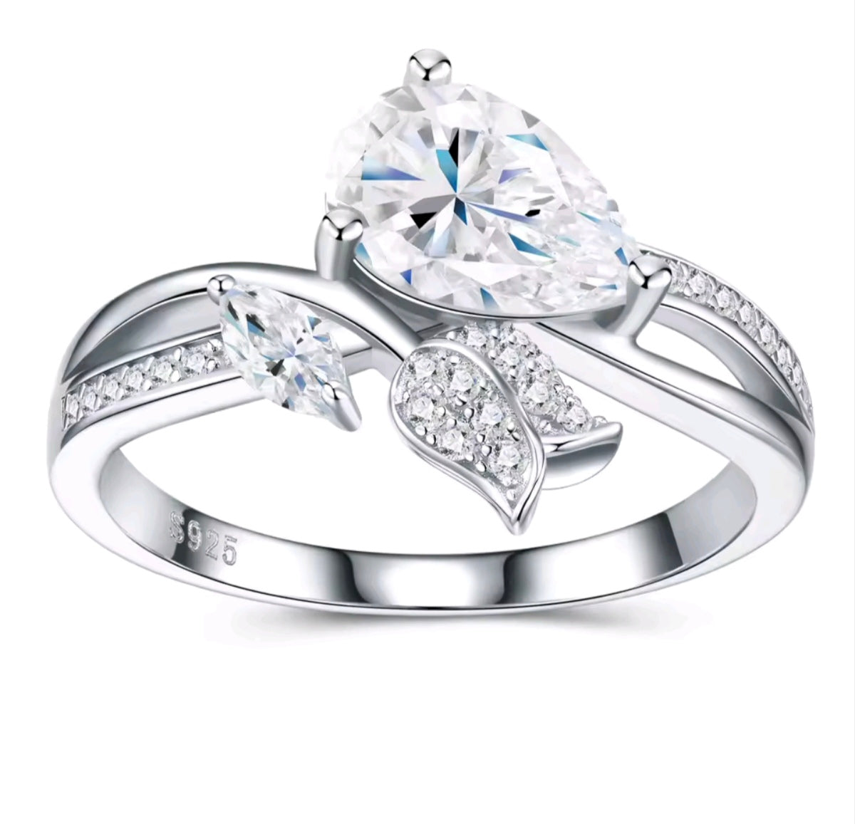 925 Sterling Silver Moissanite Water Drop & Floral Ring