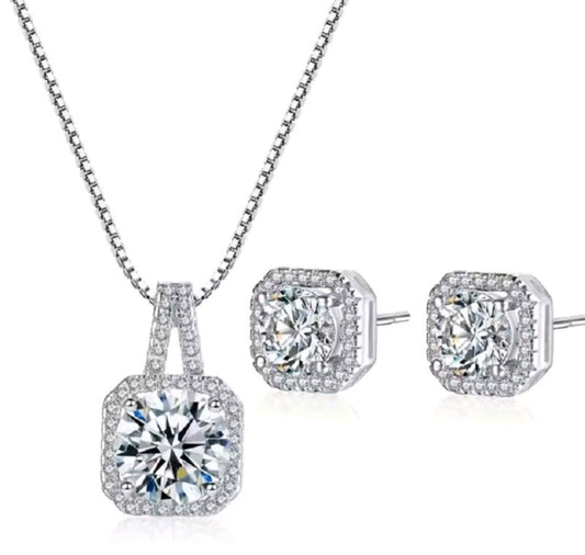 925 Sterling Silver Square Crystal Necklace & Stud Earrings Set