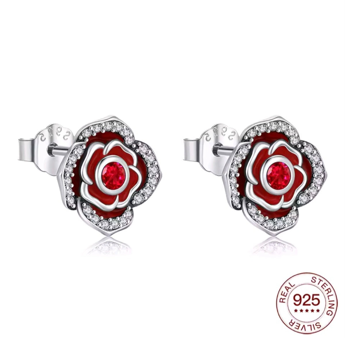 925 sterling silver red rose stud earrings