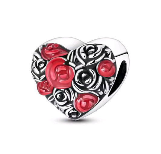 925 sterling silver red rose heart charm
