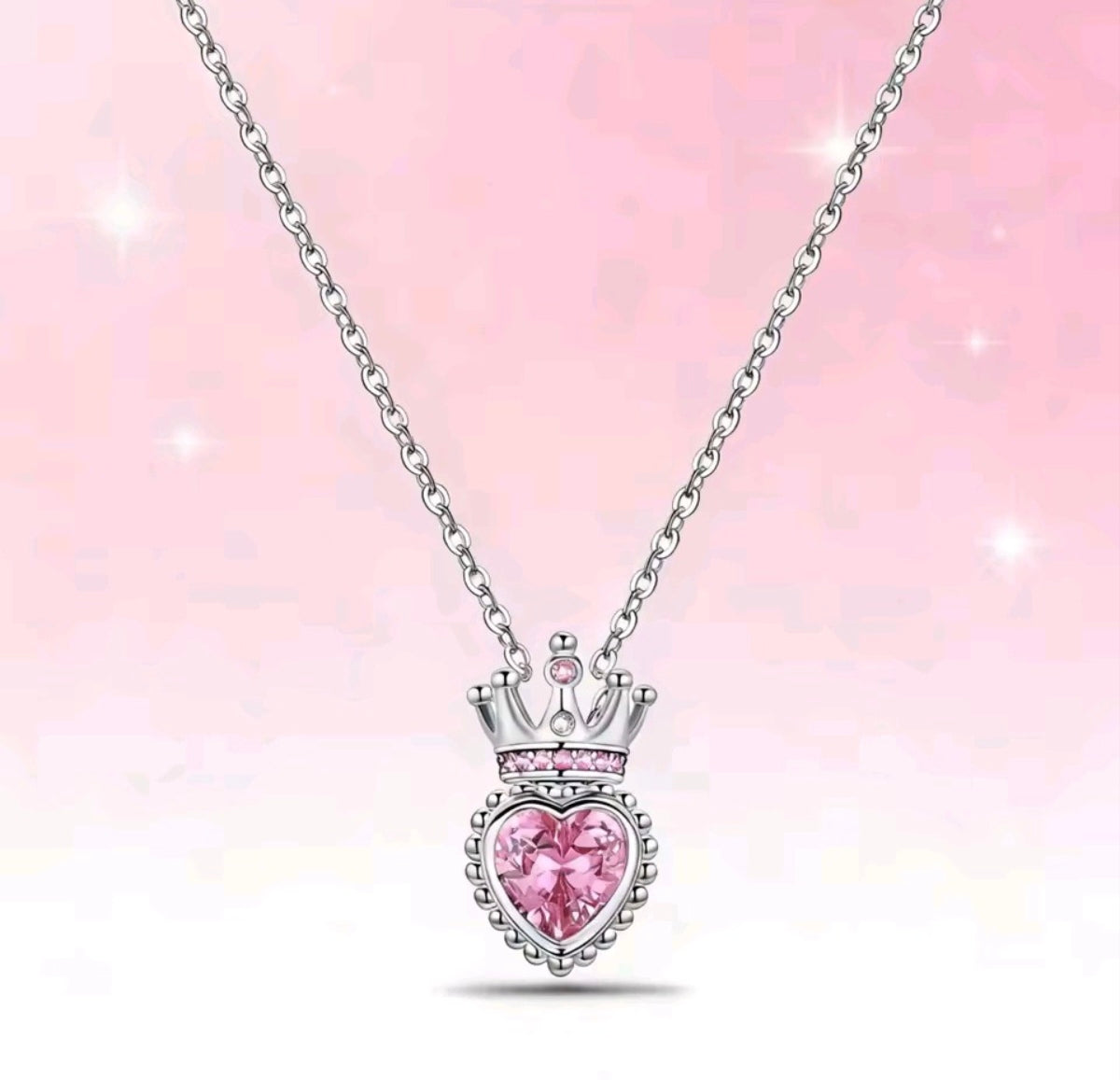 925 sterling silver pink heart crown necklace