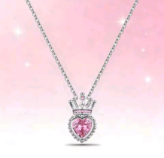 925 sterling silver pink heart crown necklace