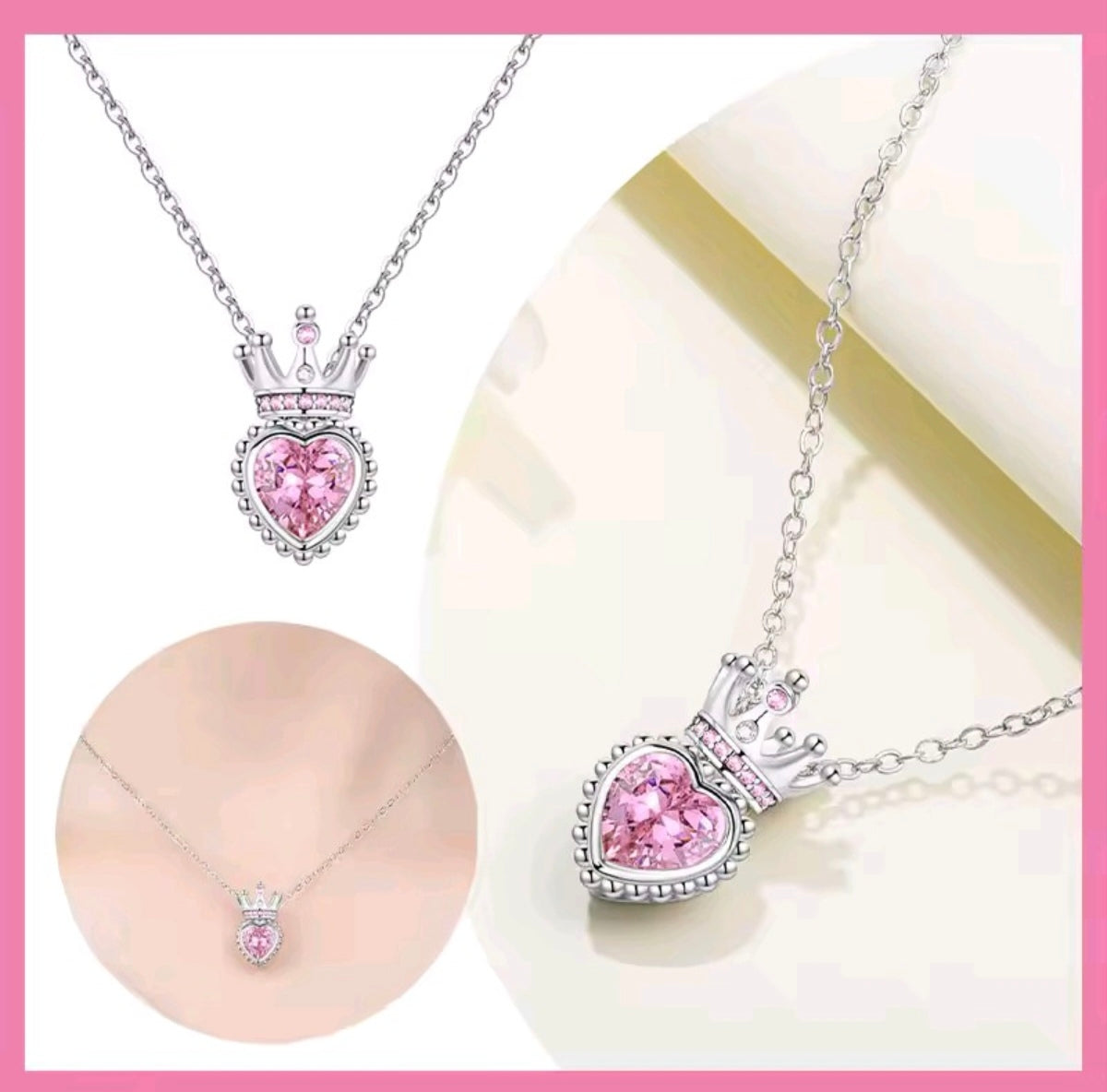 925 sterling silver pink heart crown necklace