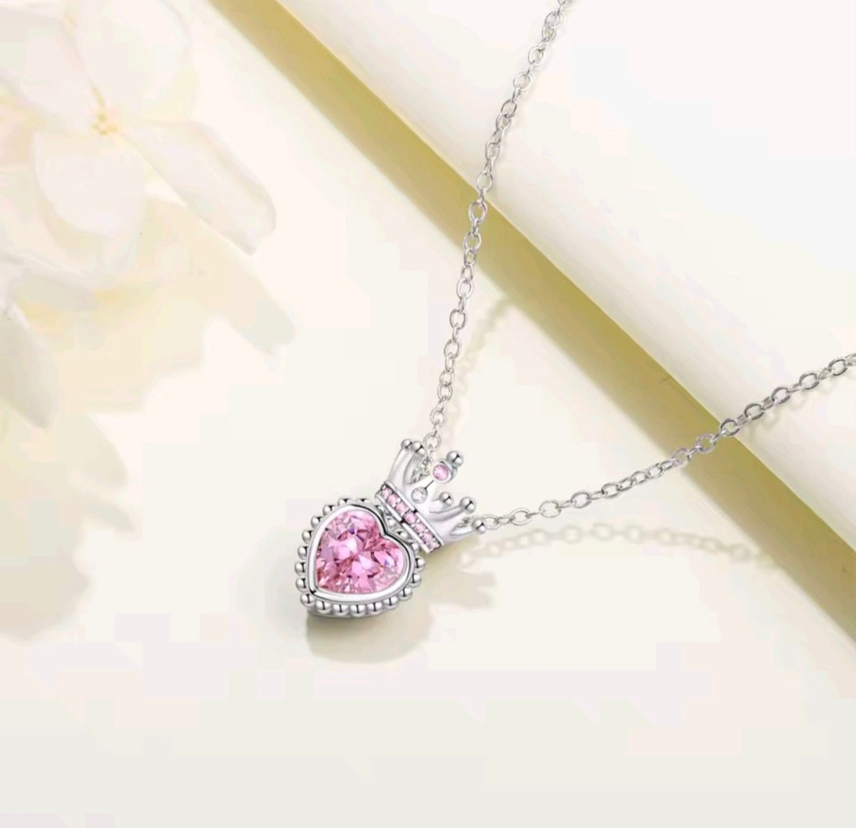 925 sterling silver pink heart crown necklace