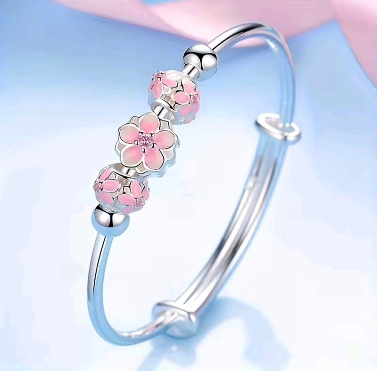 925 sterling silver cherry blossom bangle bracelet