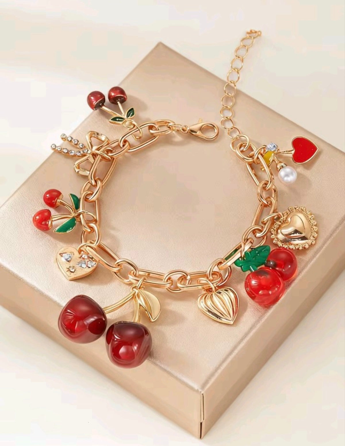 14K Gold-Plated Cherry & Heart Charm Link Bracelet