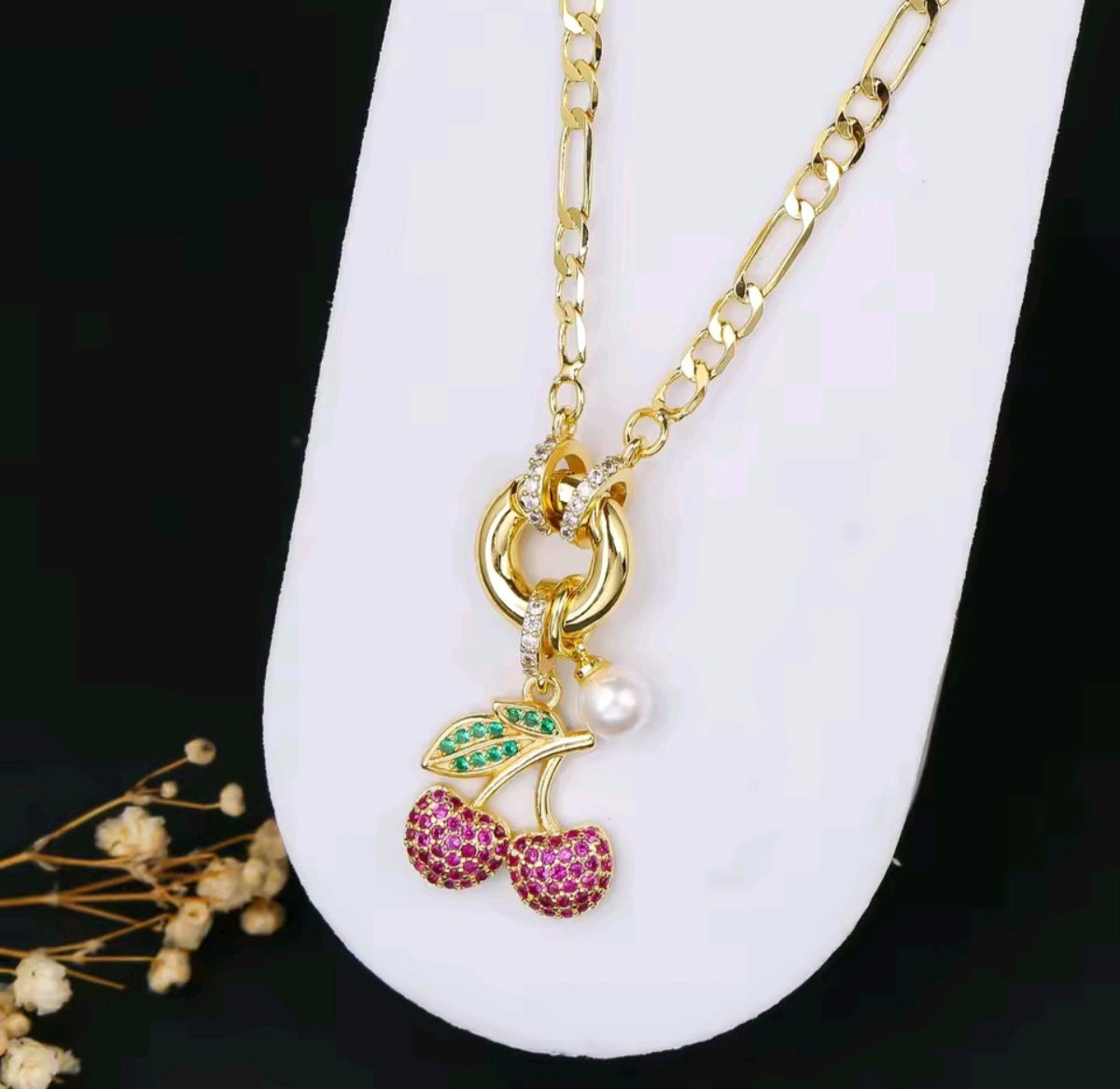 14k gold pink cherry & pearl link chain necklace