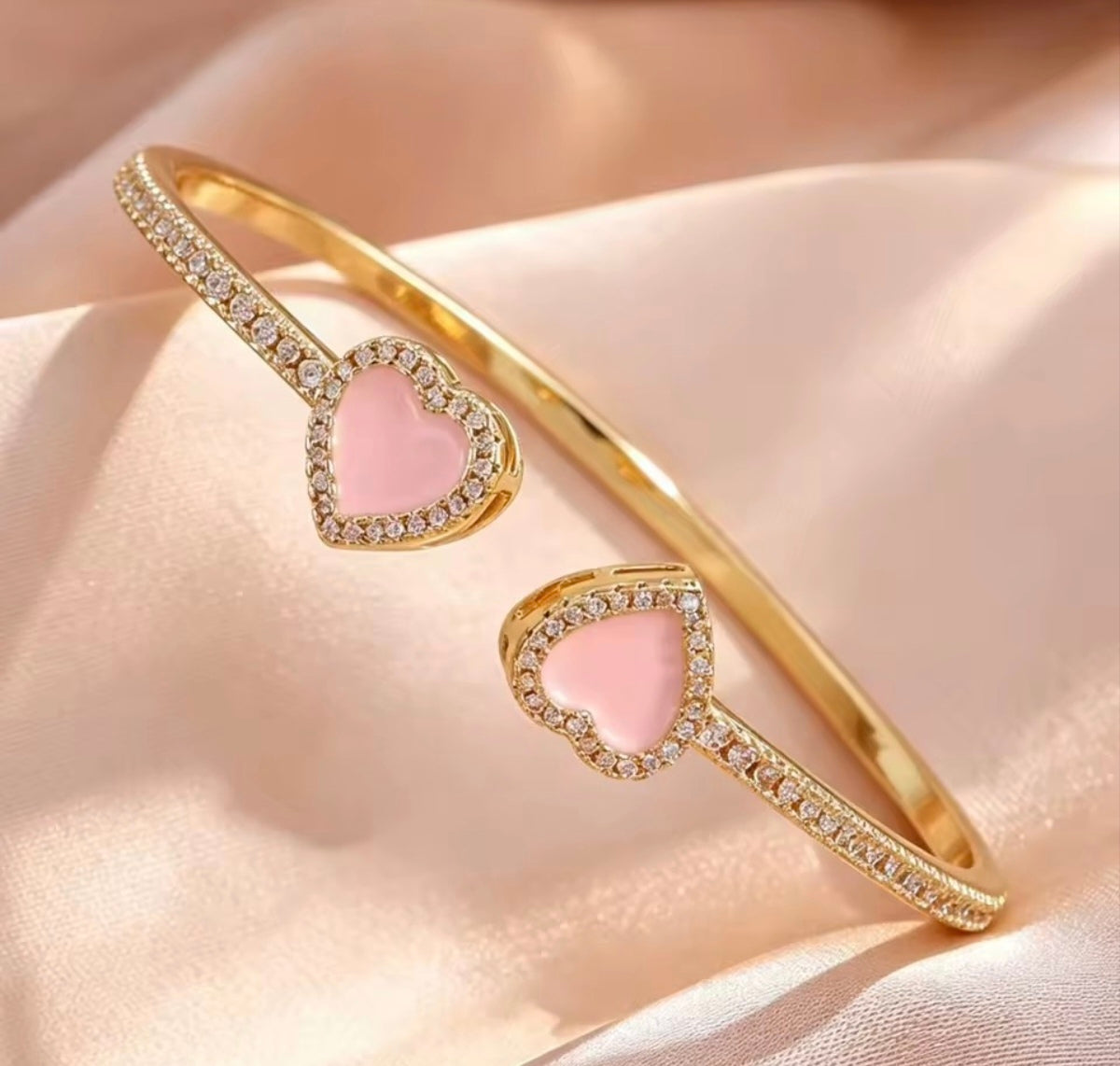 14K Gold-Plated Pink Heart Open Cuff Bangle
