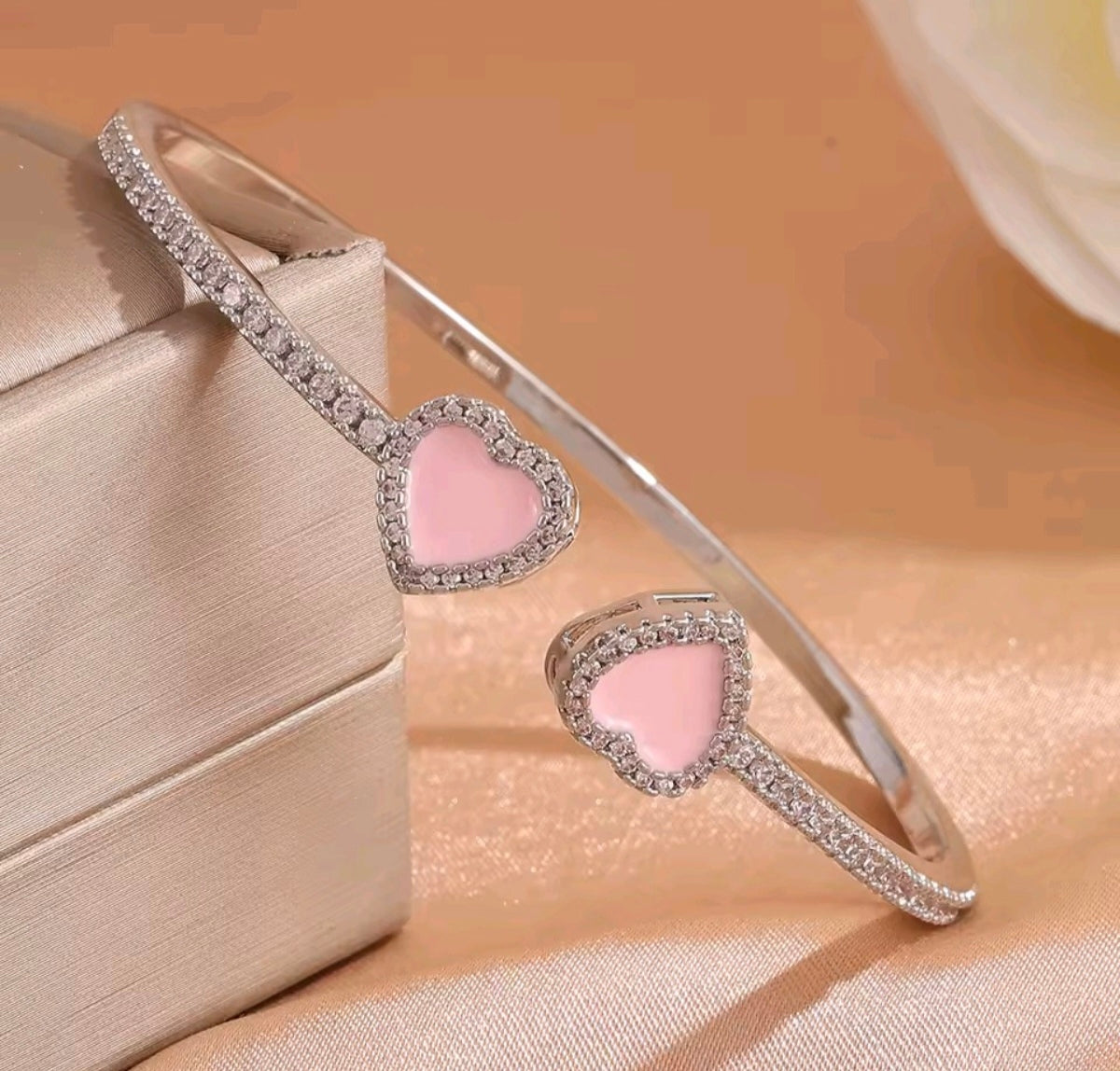 14K Gold-Plated Pink Heart Open Cuff Bangle