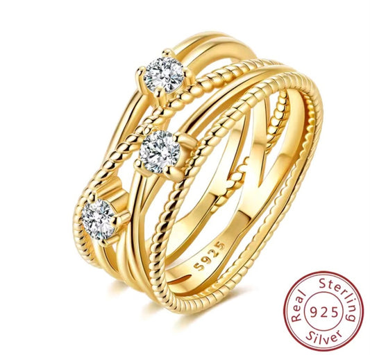 925 Sterling Silver 18K Gold Plated Multi-Layered Cross-Wrapped Ring