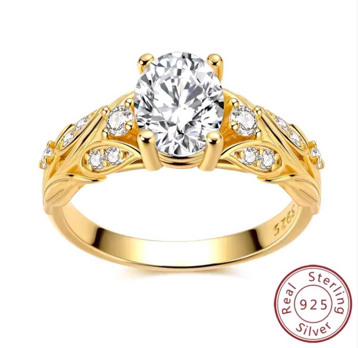 925 Sterling Silver 18K Gold-Plated Golden Leaf Sparkle Oval Solitaire Ring