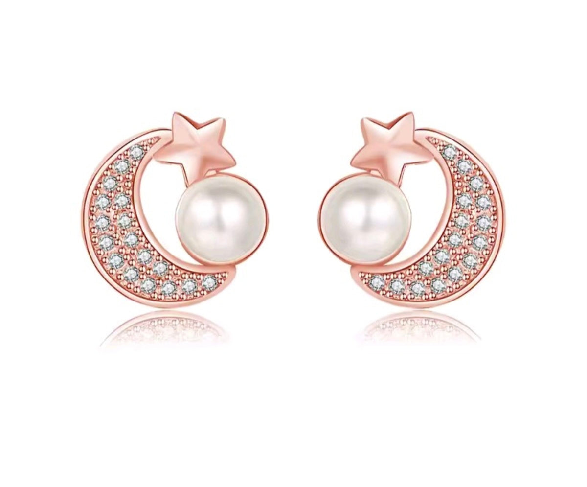 925 Sterling Silver Pearl Star & Moon Stud Earrings