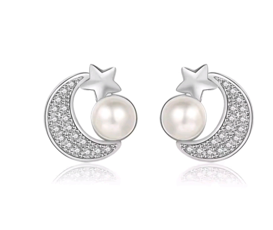 925 Sterling Silver Pearl Star & Moon Stud Earrings