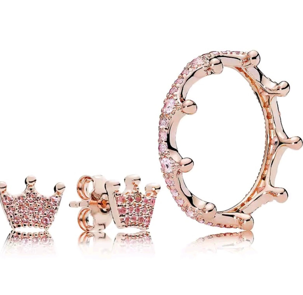 14K Rose Gold Pink Crystal Crown Ring & Earrings Set