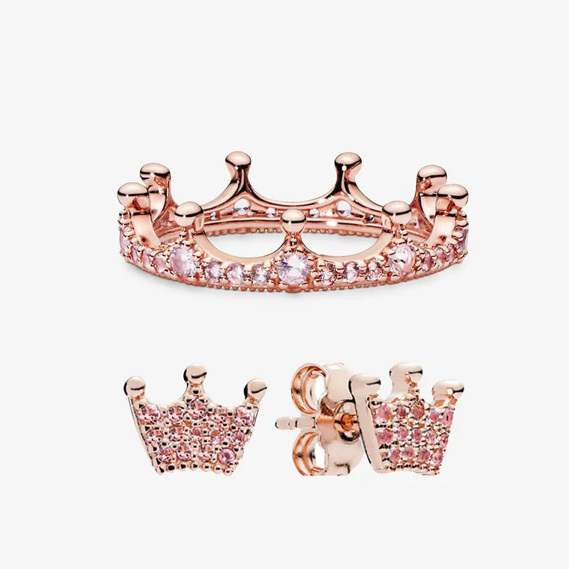 14K Rose Gold Pink Crystal Crown Ring & Earrings Set
