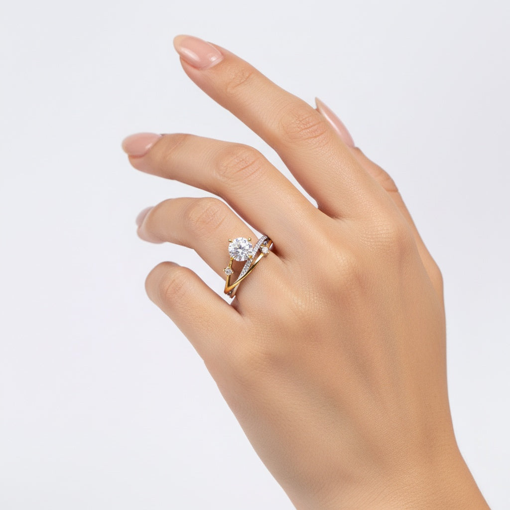 925 Sterling Silver 14K Gold Plated Two-Tone 1 Carat Moissanite Star & Moon Open Ring
