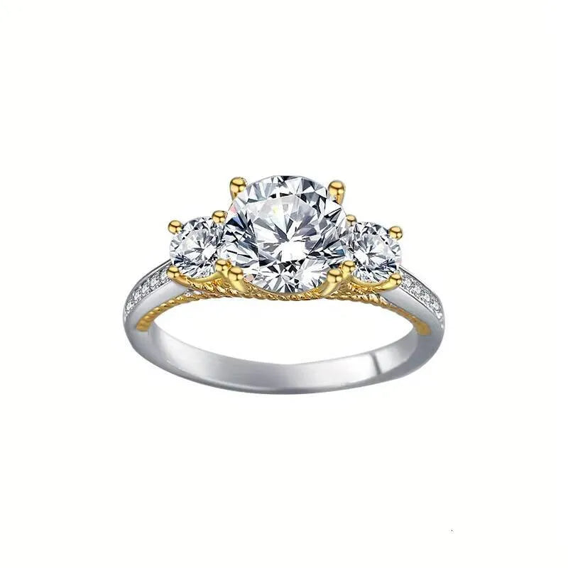 925 Sterling Silver Moissanite Three-Stone Trilogy Ring  Two-Tone 14K Gold Accents