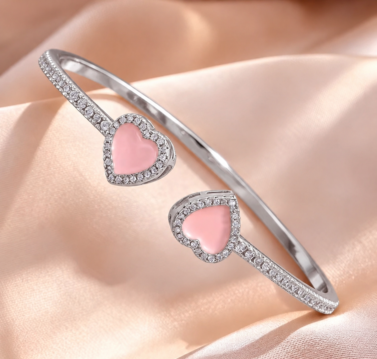 14K Gold-Plated Pink Heart Open Cuff Bangle