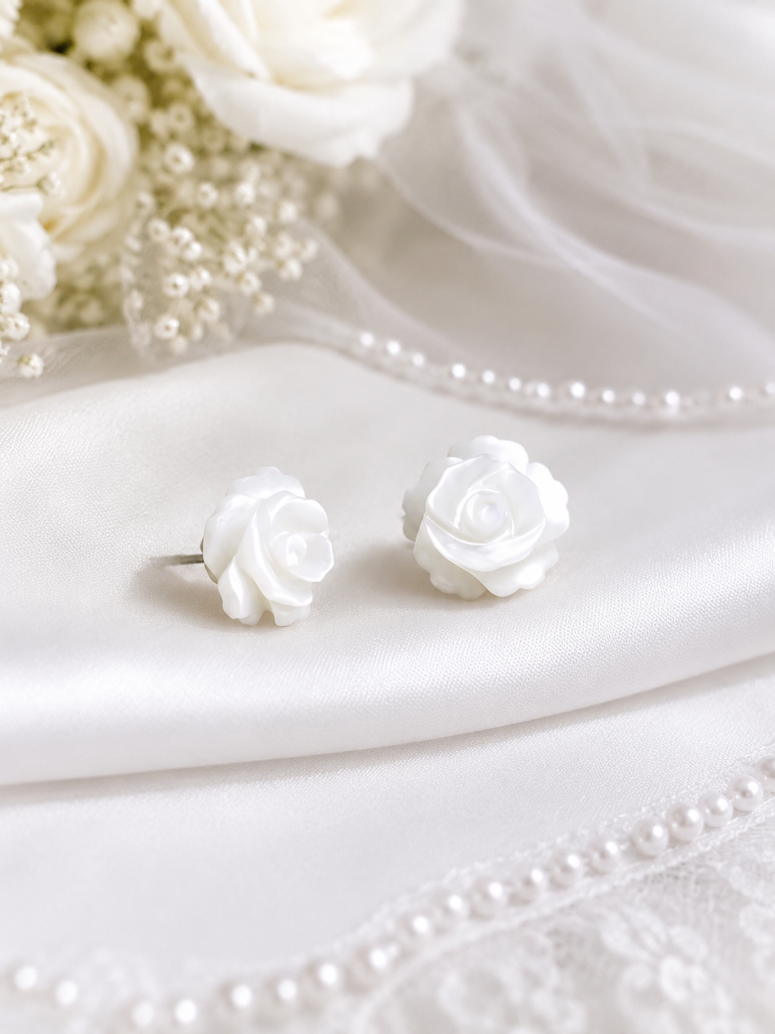 925 sterling silver shell white rose stud earrings