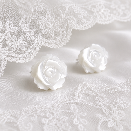 925 sterling silver shell white rose stud earrings