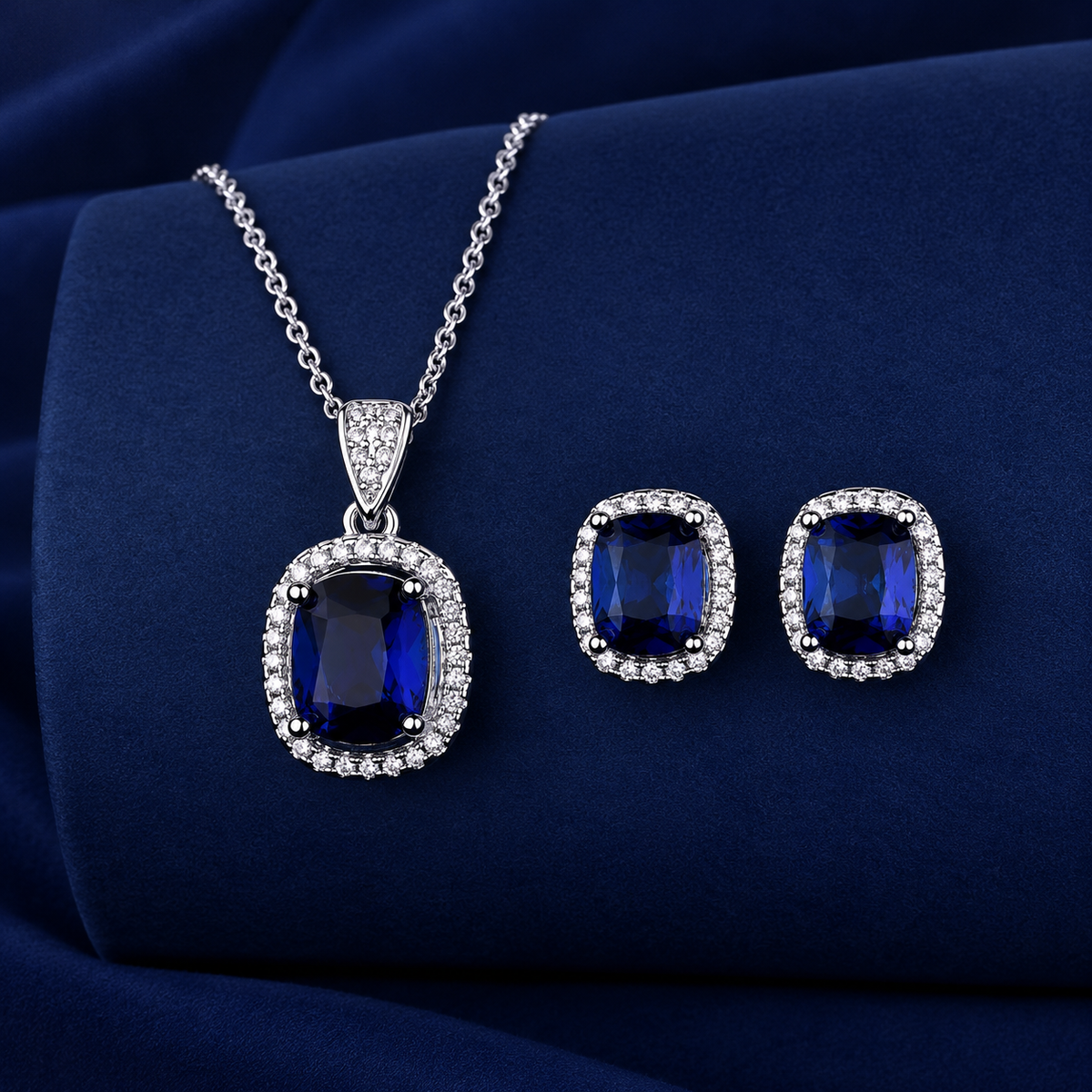 925 Sterling Silver Blue Sapphire Oval Necklace & Earrings Set