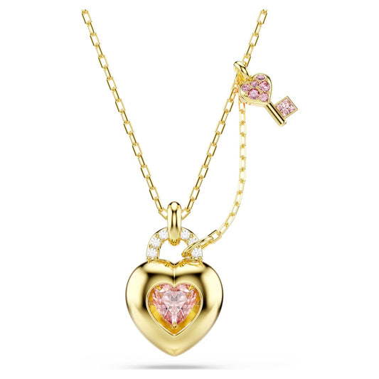 18K Gold Heart Lock Necklace with Pink Crystal Key Charm