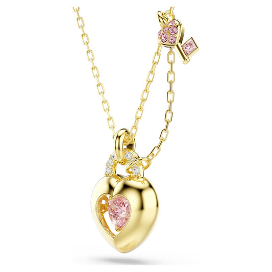 18K Gold Heart Lock Necklace with Pink Crystal Key Charm