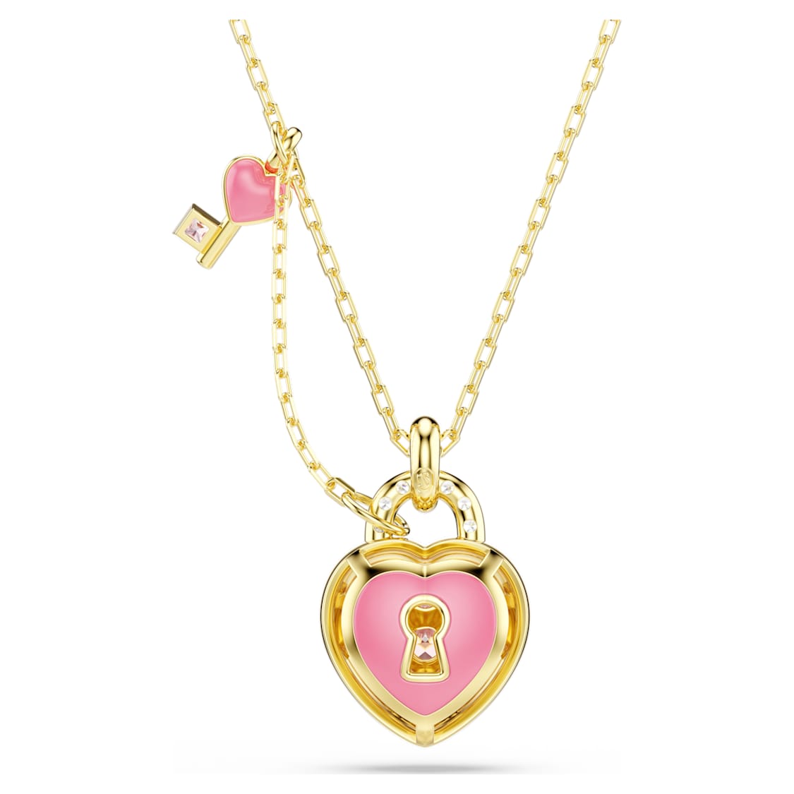 18K Gold Heart Lock Necklace with Pink Crystal Key Charm
