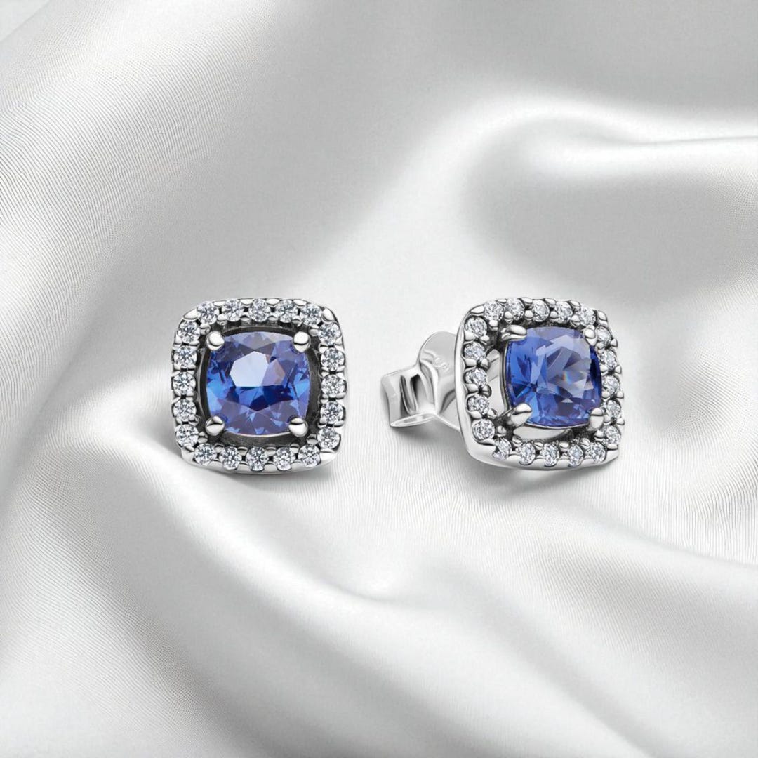 925 Sterling Silver Blue Halo Stud Earrings